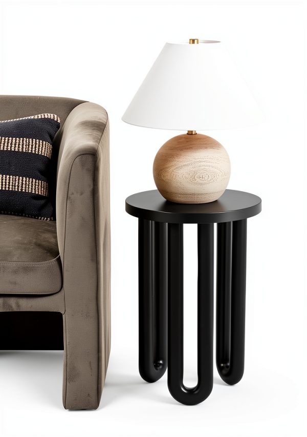 Kenzo Modern Round End Table Black Mango Wood Nightstand-1